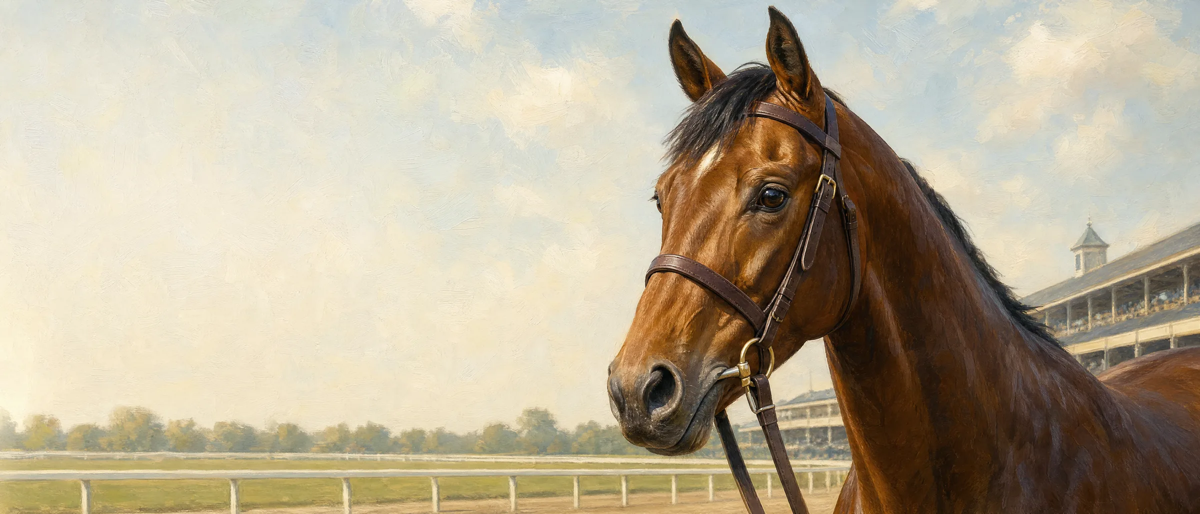 Oil painting of a thoroughbred beside a historic racecourse