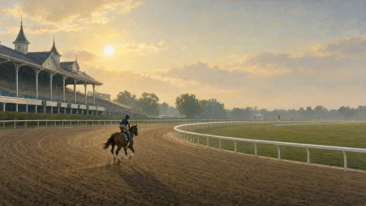 Oil painting of a rider taking a thoroughbred onto a historic racecourse at sunrise
