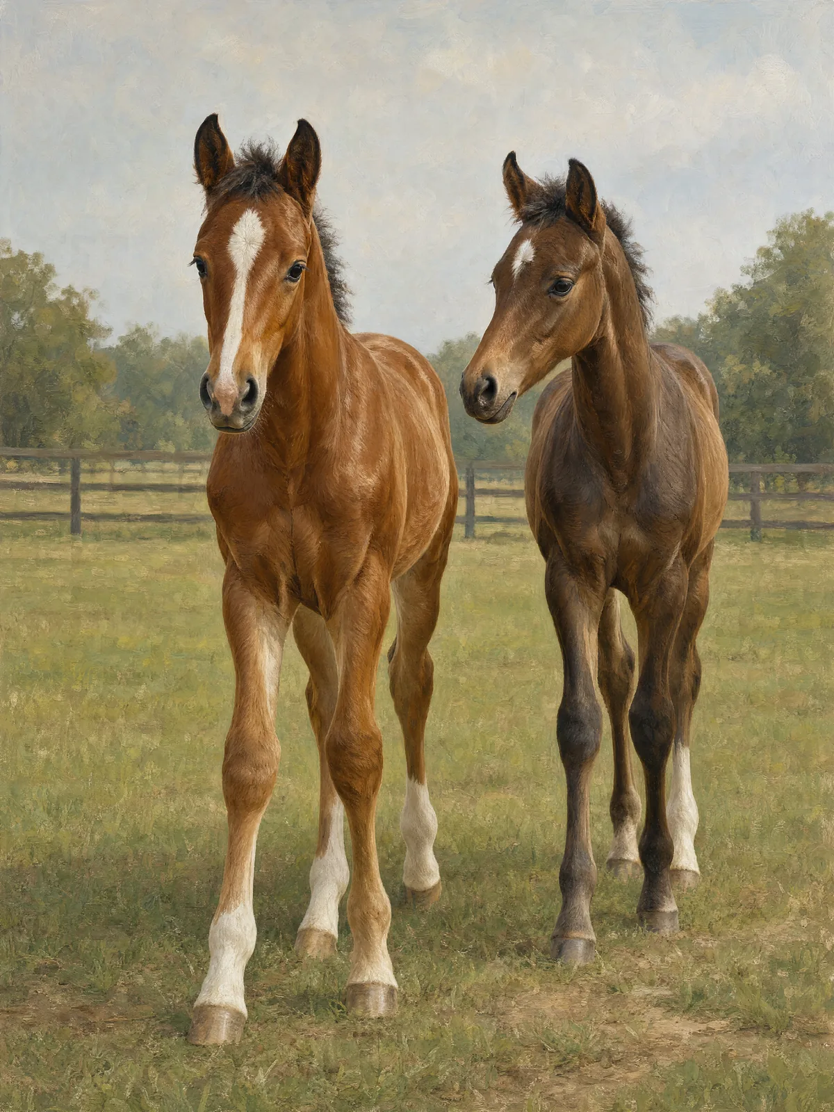 Oil painting of two young horses standing together in a pasture