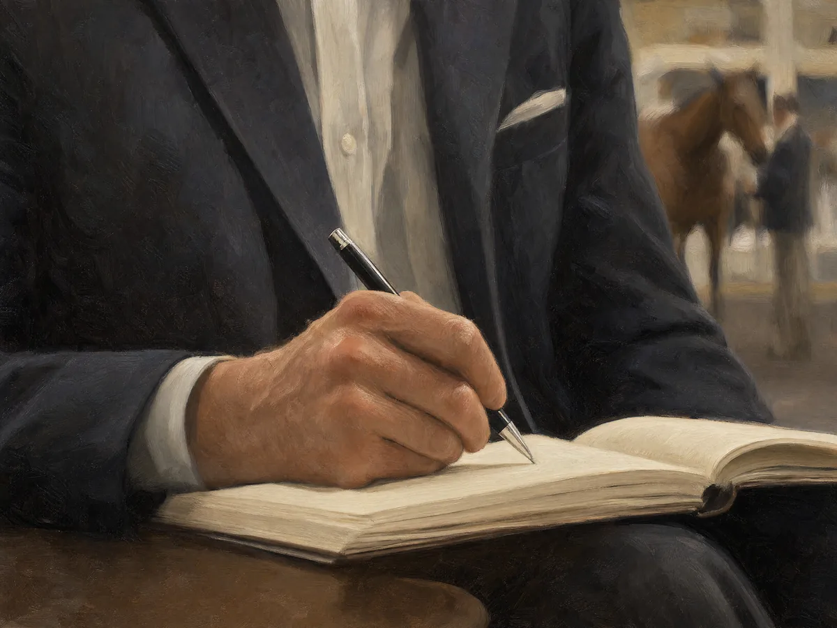 Oil painting of a bloodstock professional writing in a sale catalog