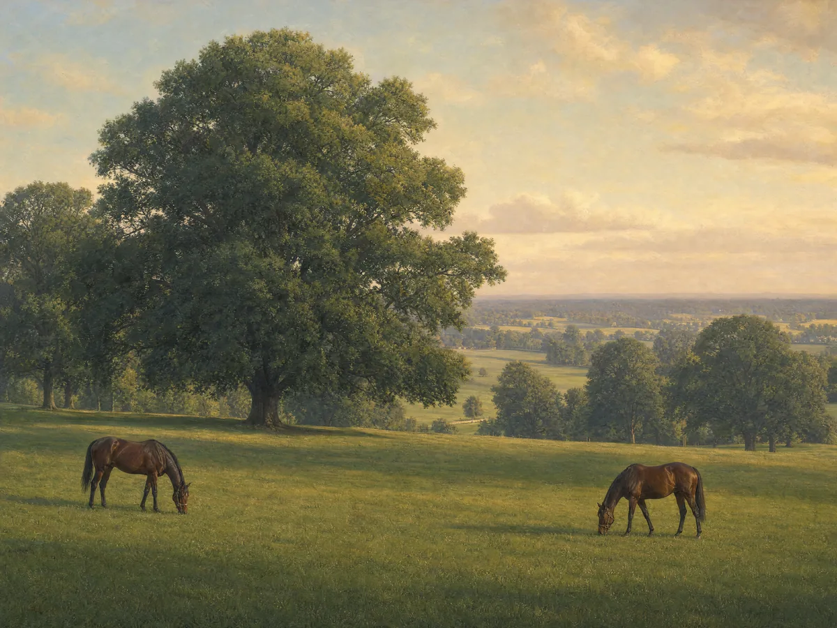 Oil painting of thoroughbreds grazing beneath a mature tree