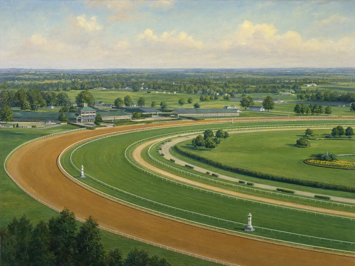 Oil painting of a racecourse and its surrounding countryside