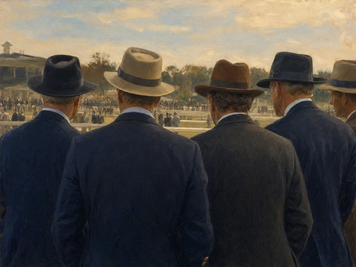 Oil painting of racegoers watching the horses from the rail
