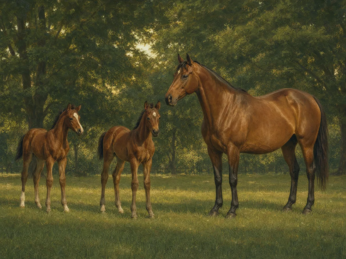 Oil painting of a mare and two foals under trees