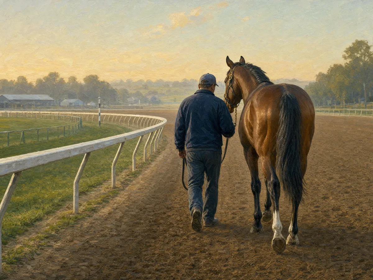 Oil painting of a trainer leading a thoroughbred along a track
