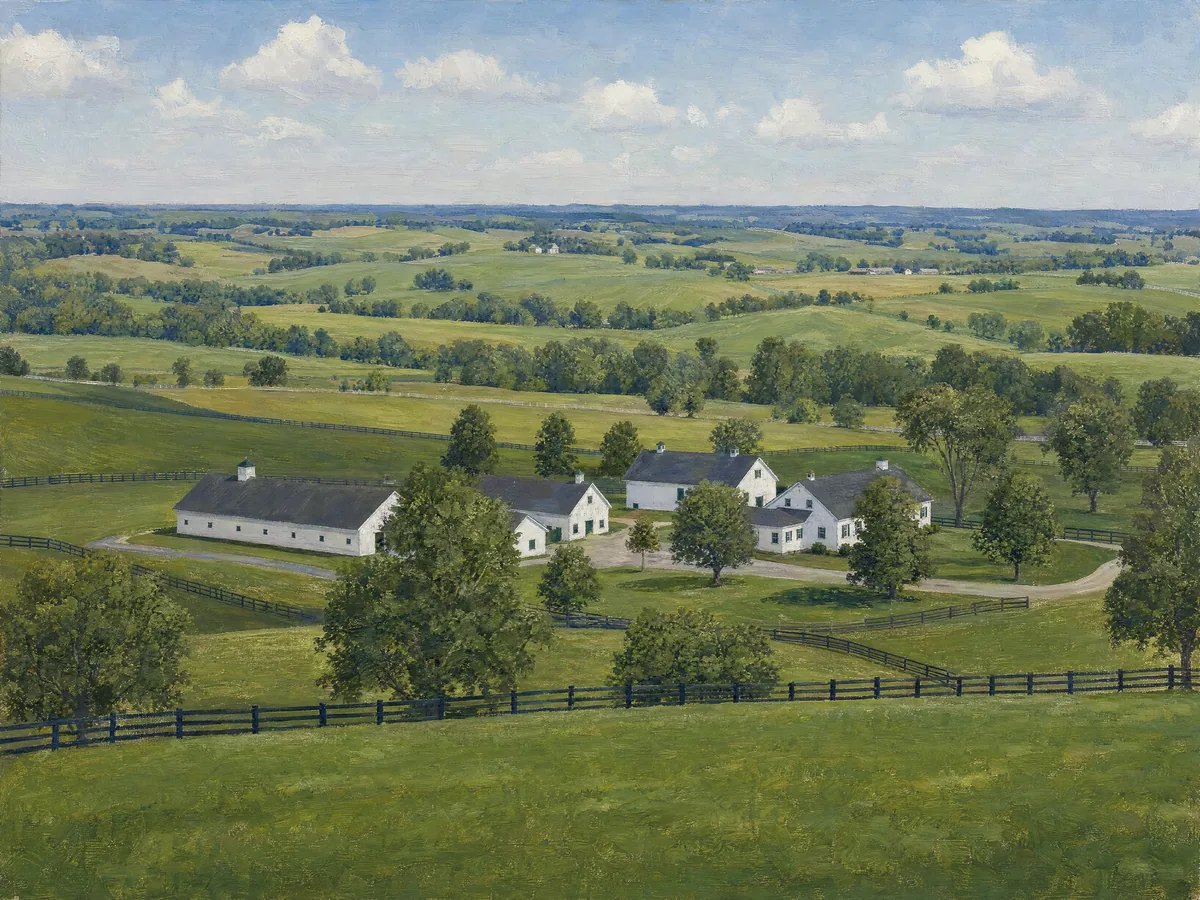 Oil painting of a breeding farm and its surrounding paddocks