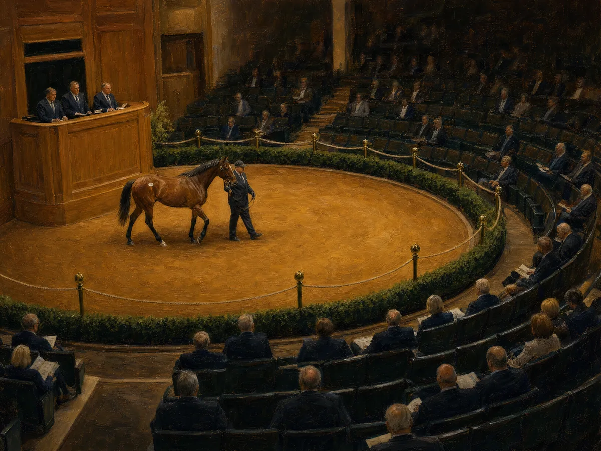 Oil painting of a thoroughbred being presented in an auction ring