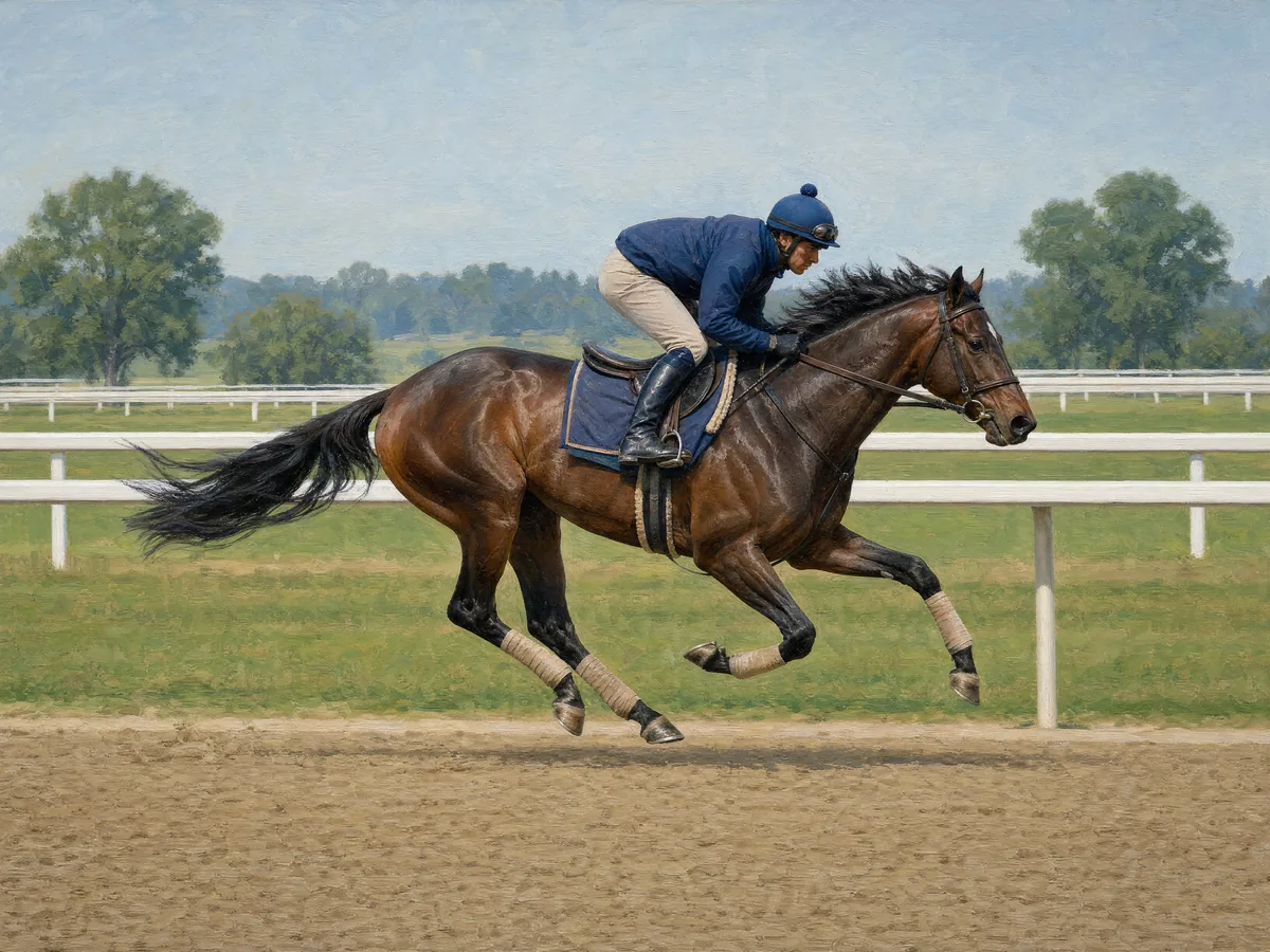 Oil painting of a thoroughbred exercising along a training rail