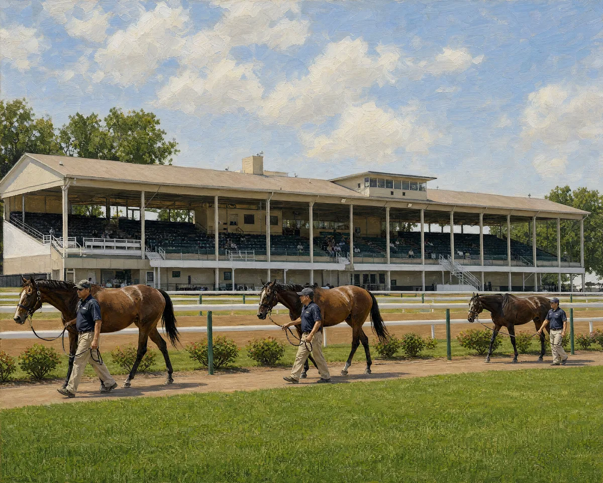 Oil painting of handlers leading thoroughbreds past a grandstand