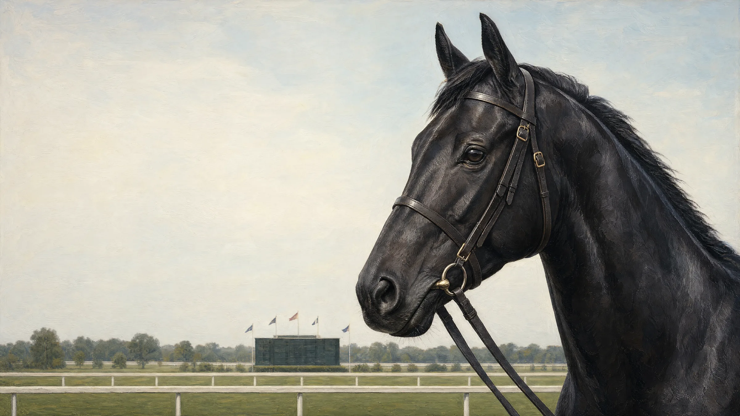 Oil painting of a dark thoroughbred beneath an open sky