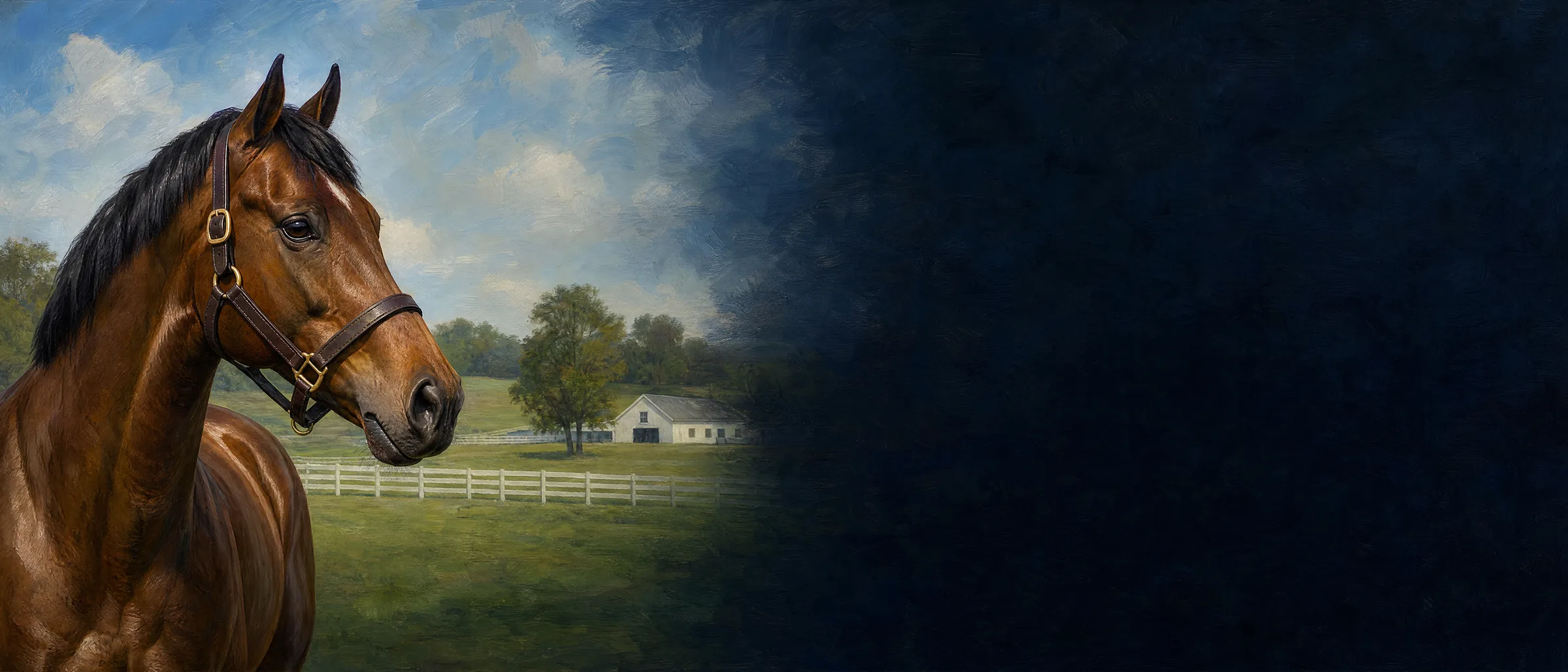 Oil painting of a thoroughbred at a country stud farm