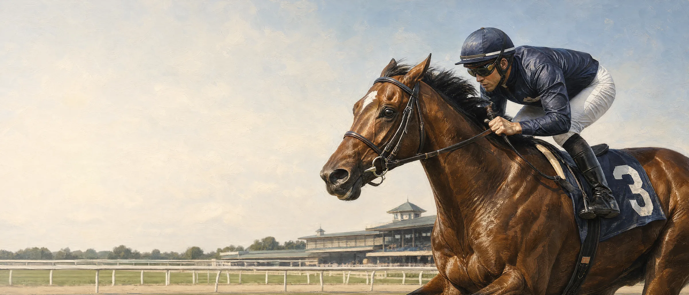 Oil painting of a racehorse and jockey in front of a historic grandstand